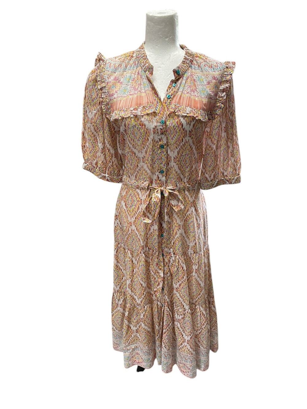 Lola Australia Pacific Puff Sleeve Cotton Midi Dress Tie Waist Preppy Small